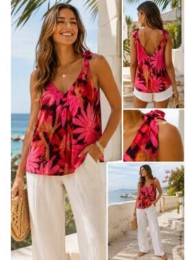 J.Crew Tropical Print Tie Shoulder Tank Pink Resort Vacation Coastal Top Medium